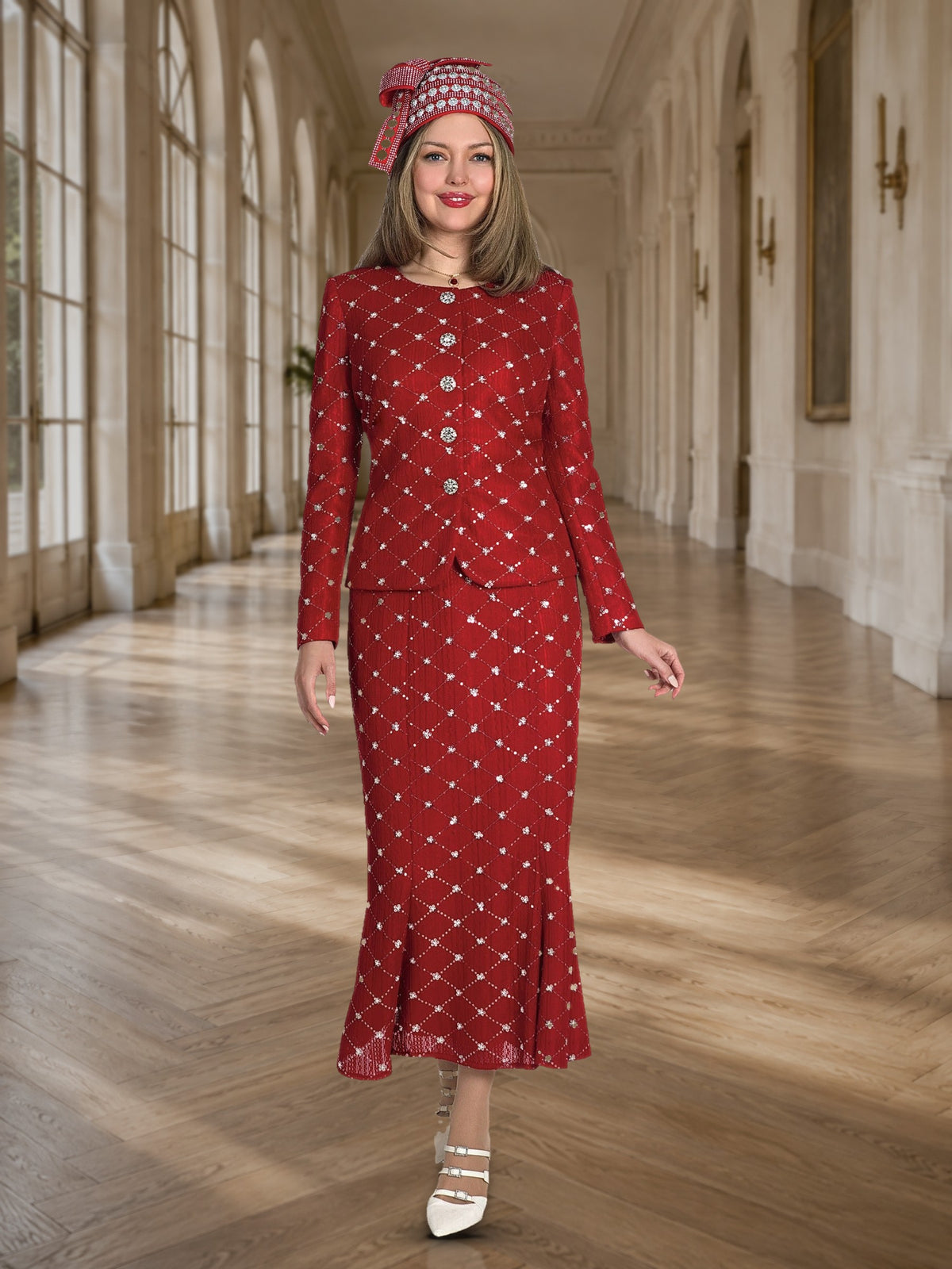 2-Piece Fine Couture Beaded Lace Skirt Suit w/ Rhinestone Buttons