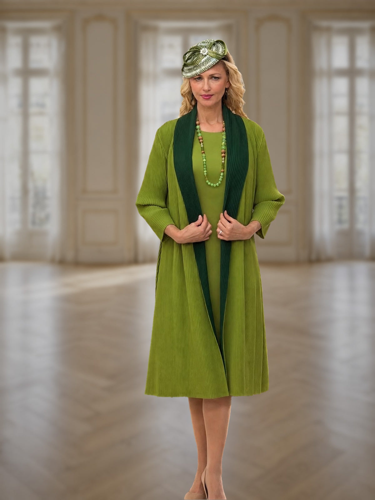 2-Piece Fine Pleated Dress w/ Duster