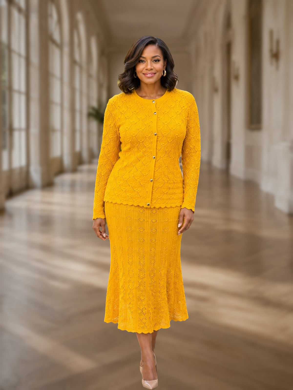 3-Piece Fine Knit Skirt Suit w/ Rhinestone Buttons