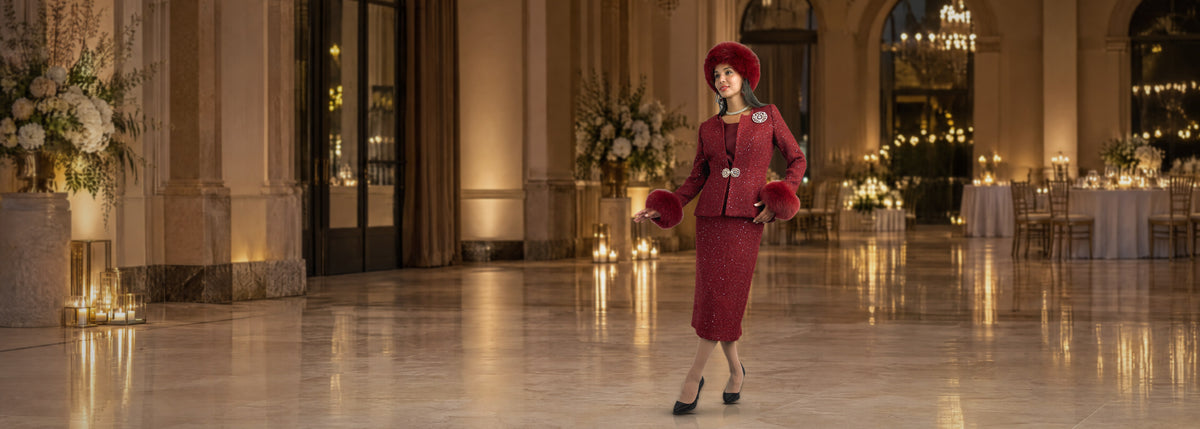 Lily and Taylor three-piece skirt suit in burgundy with fur cuffs and a matching hat, full length in a candlelit gala hall