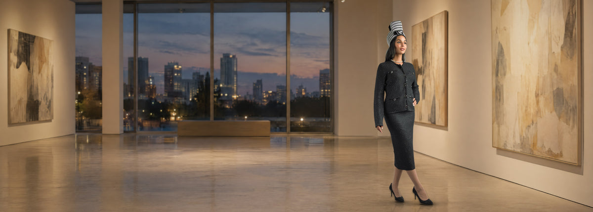 Lily and Taylor two-piece knit skirt suit in black with a striped hat, full length at an evening gallery opening