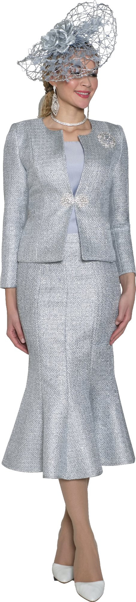 Lily & Taylor 5154 3-Piece Lurex Tweed Skirt Suit w/ Rhinestone Closure & Brooch
