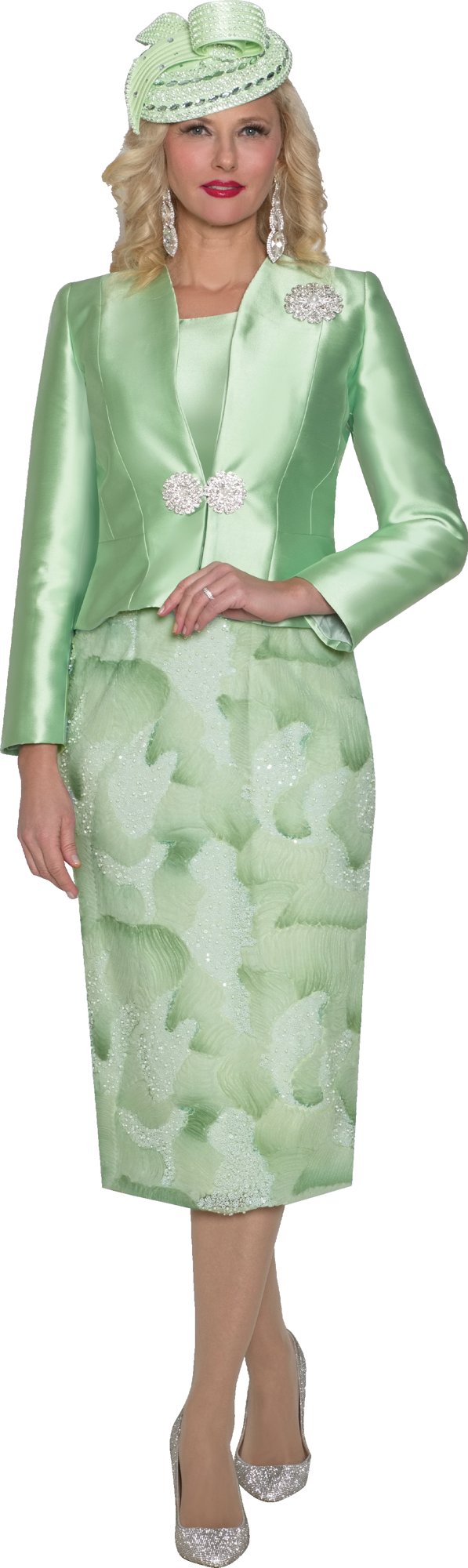 Lily & Taylor 5181 3-Piece Silky Twill Beaded Embroidery Lace Skirt Suit w/ Rhinestone Closure & Brooch