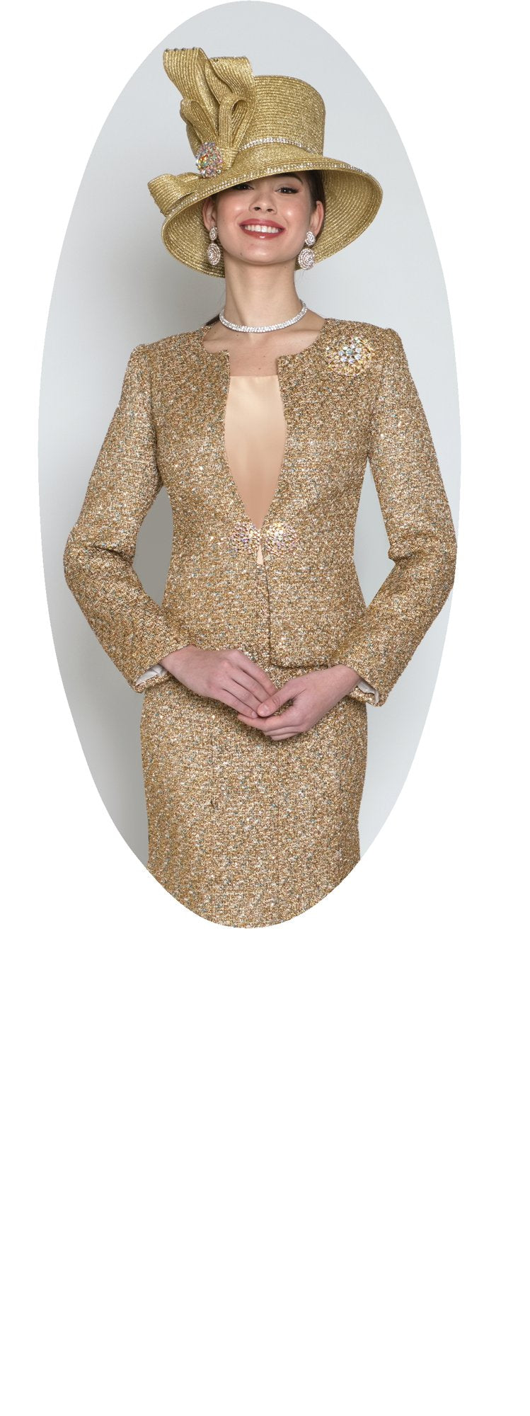 Lily & Taylor 5181 3-Piece Silky Twill Beaded Embroidery Lace Skirt Suit w/ Rhinestone Closure & Brooch