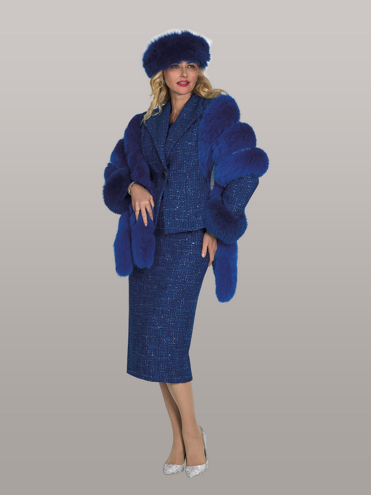 3-Piece Fine Tweed Skirt Suit w/ Removeable Genuine Fox Cuffs and Rhinestone Buttons