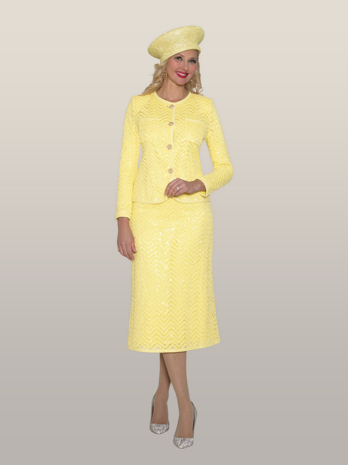 2-Piece Sequin Lace Skirt Suit w/ Rhinestone Buttons