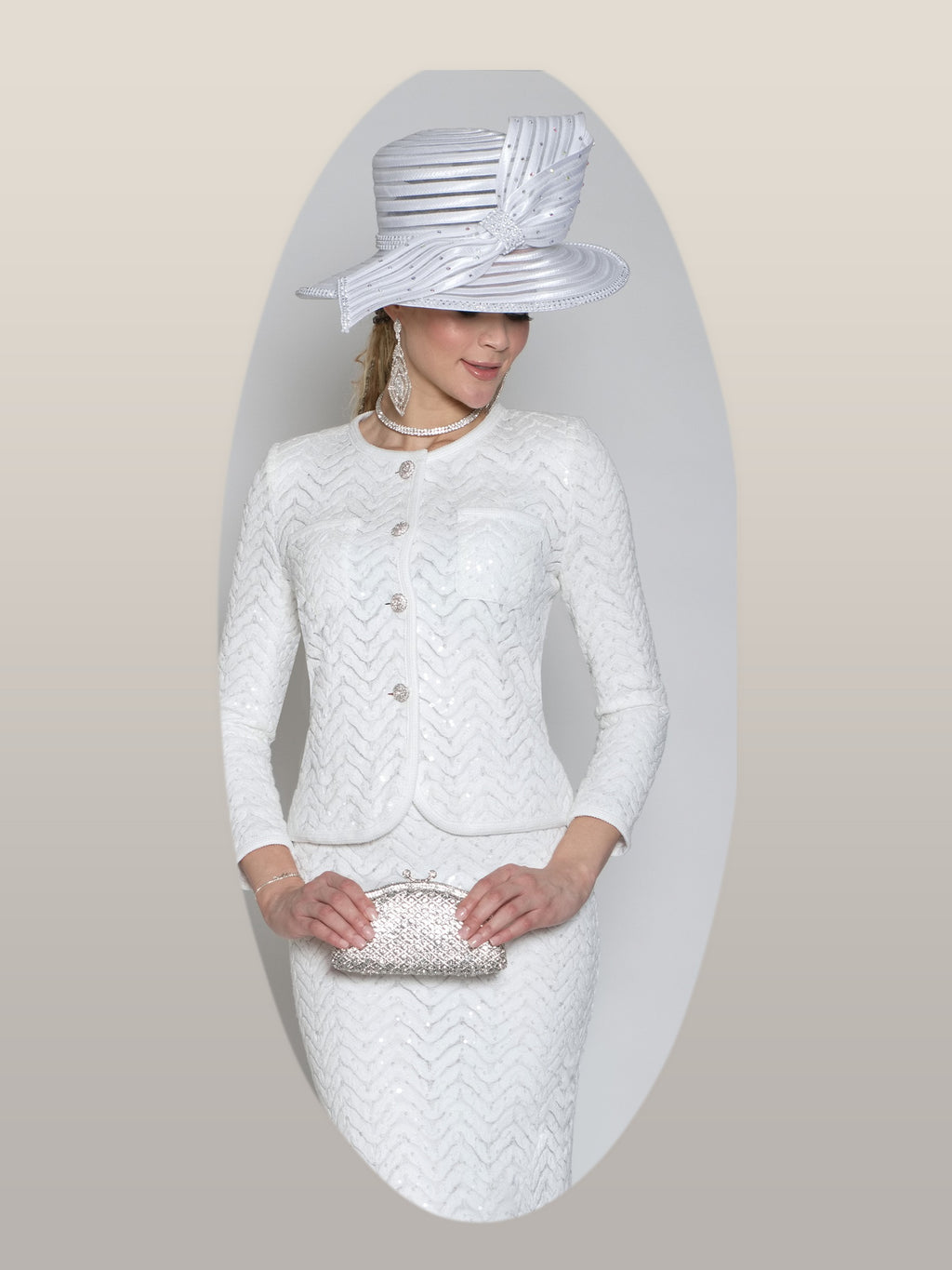 2-Piece Sequin Lace Skirt Suit w/ Rhinestone Buttons