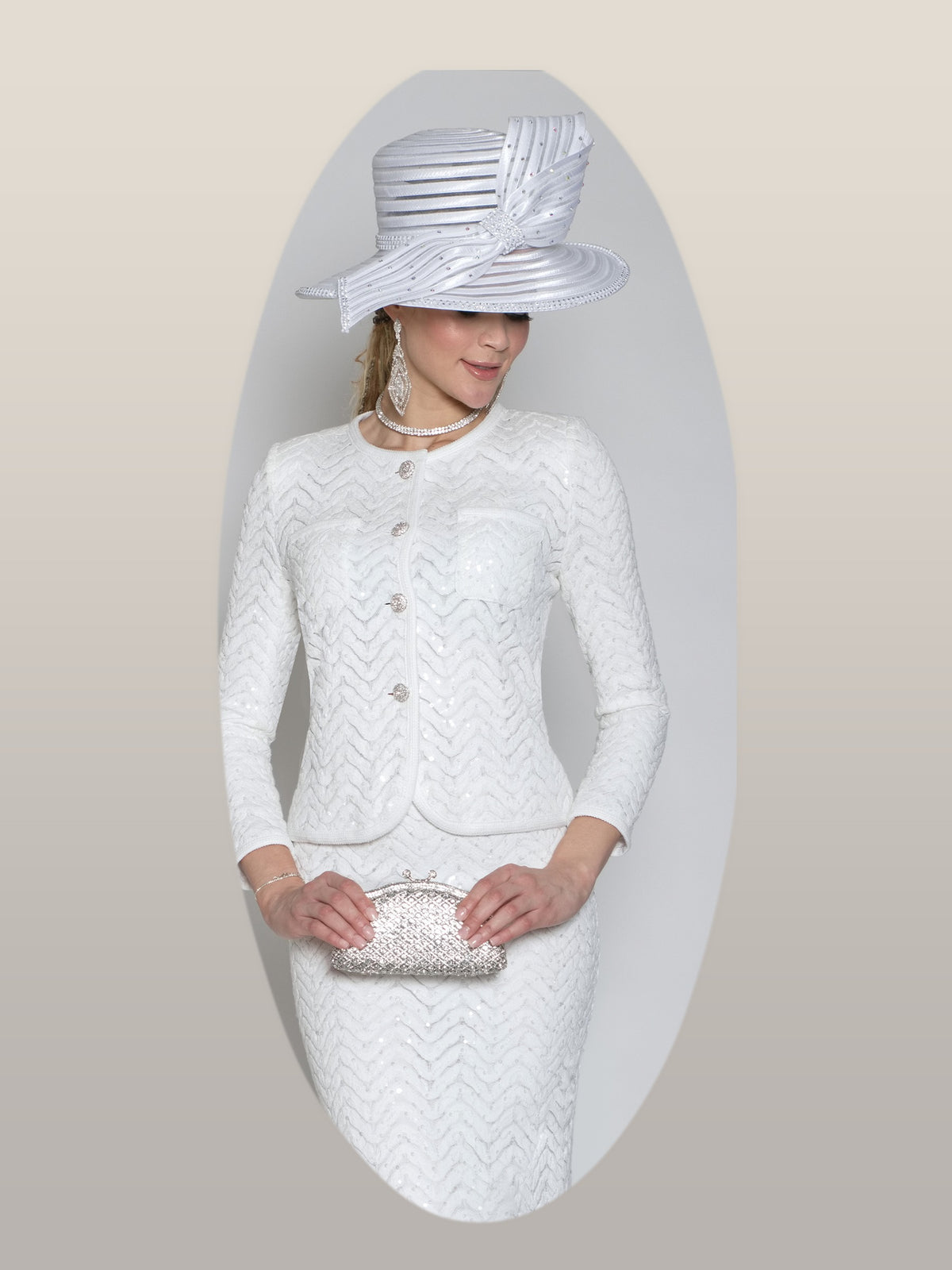 2-Piece Sequin Lace Skirt Suit w/ Rhinestone Buttons