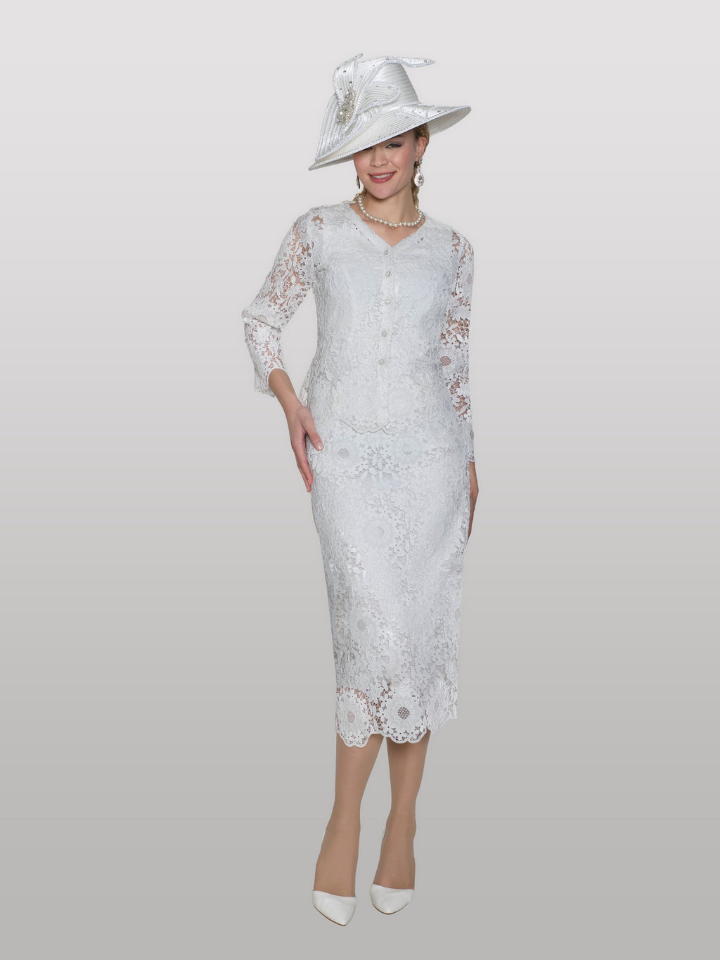 3-Piece Elegant Lace Skirt Suit W /rhinestone Buttons