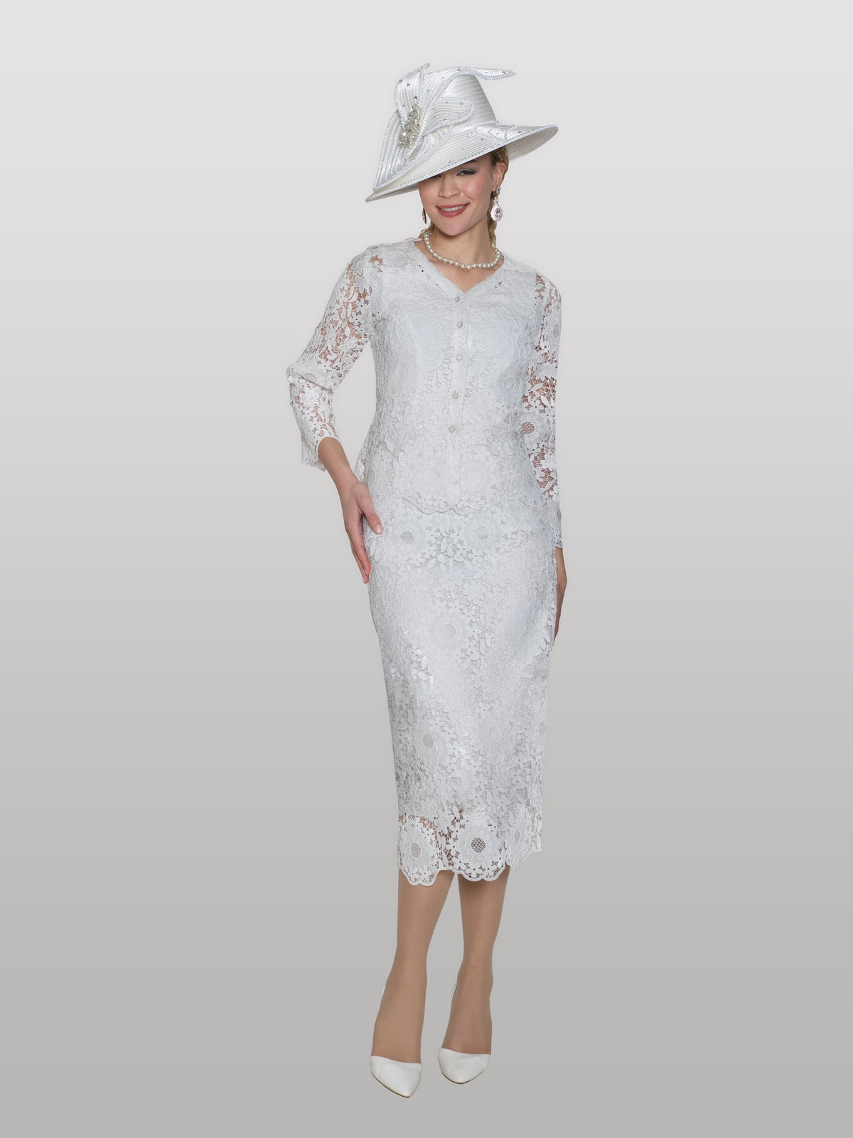 3-Piece Elegant Lace Skirt Suit W /rhinestone Buttons