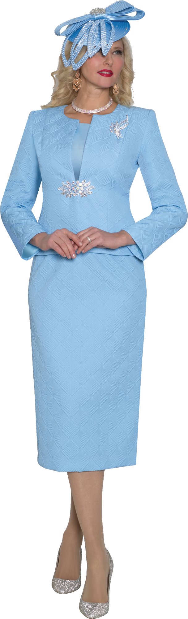 Lily & Taylor 5131 3-Piece Light Jacquard Skirt Suit w/ Rhinestone Closure & Brooch