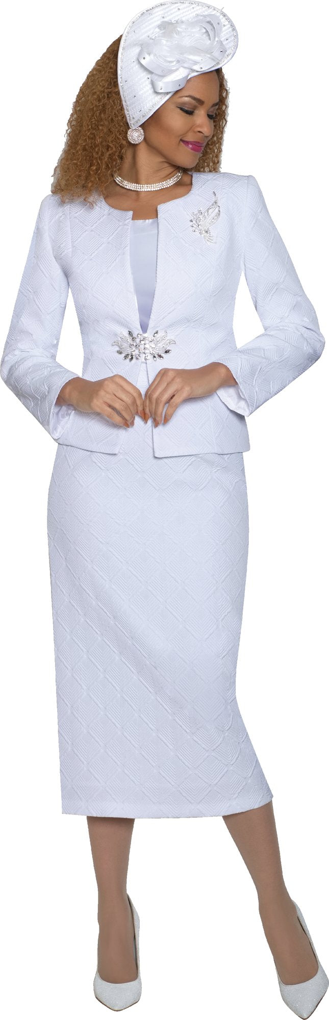 Lily & Taylor 5131 3-Piece Light Jacquard Skirt Suit w/ Rhinestone Closure & Brooch