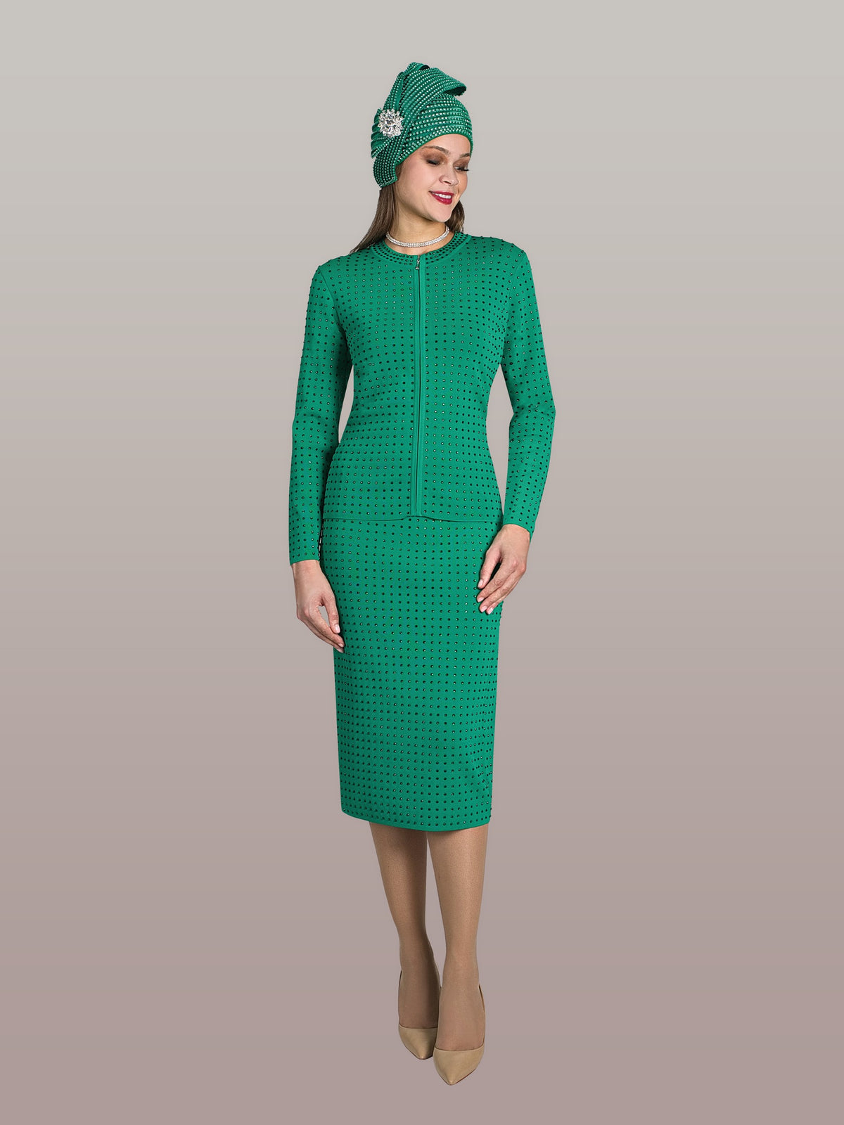 2-Piece Fine Knit Skirt Suit w/ Zipper Front Closure w/ Scatterd Rhinestone