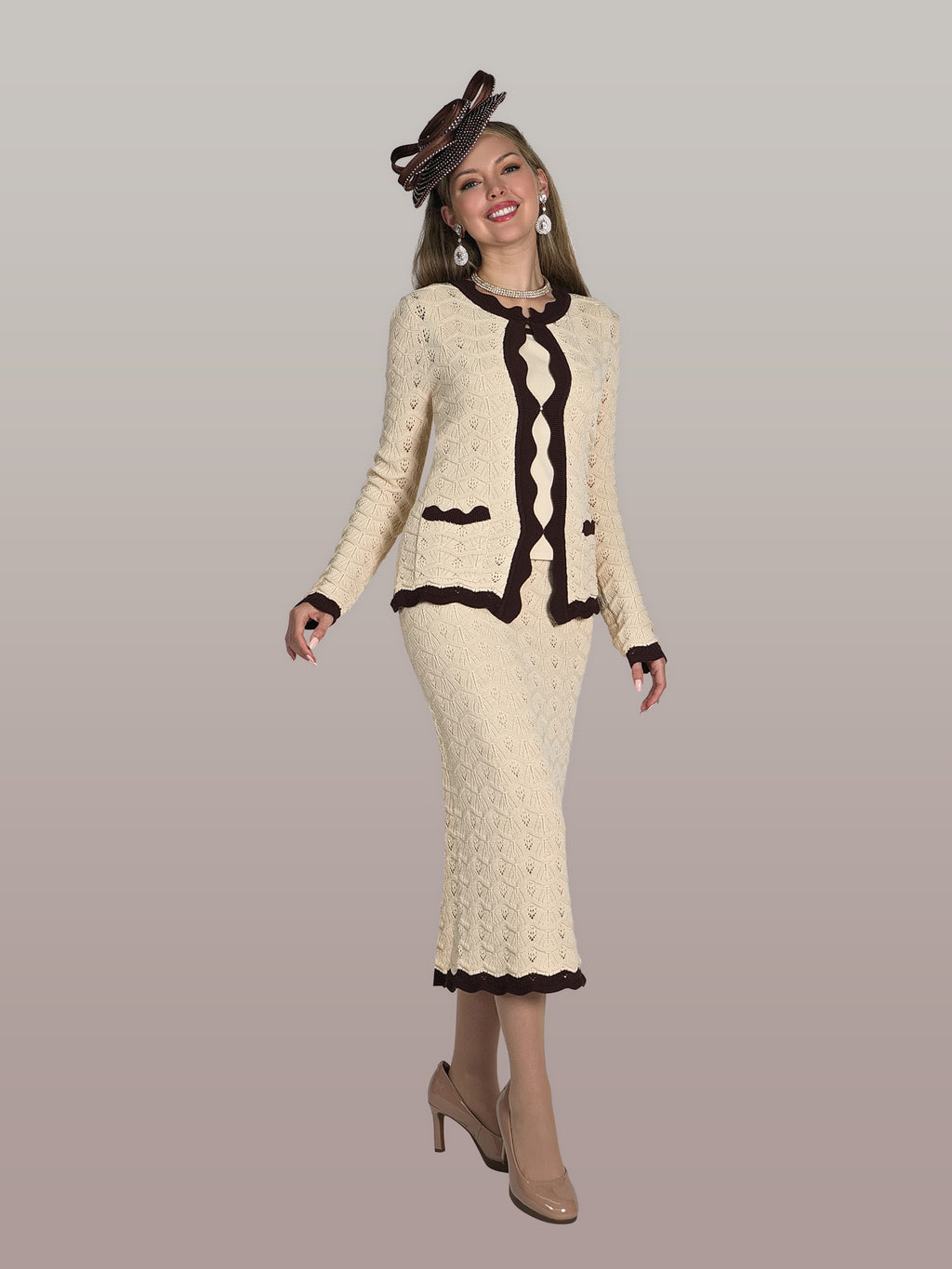 3-Piece Fine Knit Skirt Suit w/ Scallop Trimmed Jacket