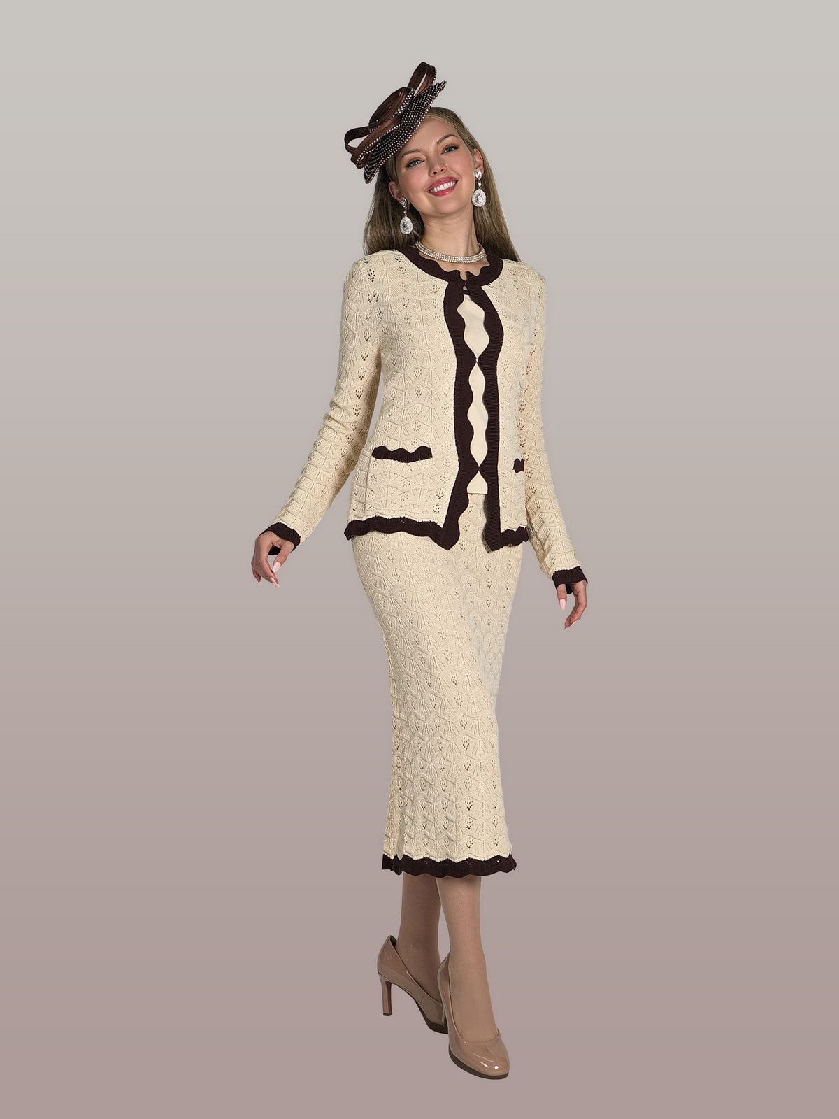 3-Piece Fine Knit Skirt Suit w/ Scallop Trimmed Jacket