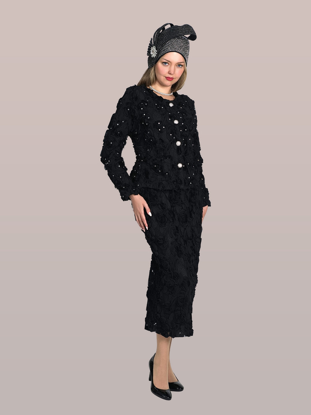 3-Piece Mesh Lace Skirt Suit Adorn w/ Allover Rosettes w/ Rhinestones