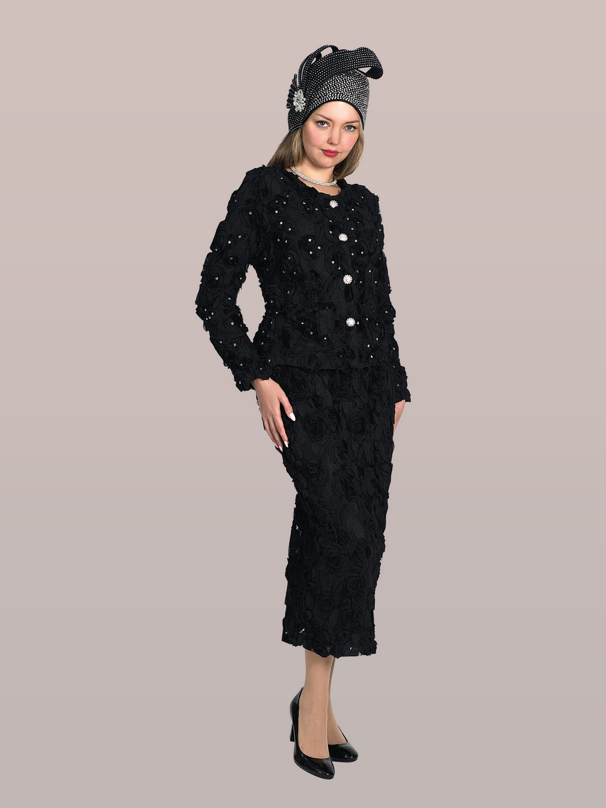 3-Piece Mesh Lace Skirt Suit Adorn w/ Allover Rosettes w/ Rhinestones