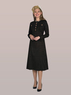Fine Metallic Knit Dress w/ Trimmed Braided Kneckline and Rhinestone Buttons