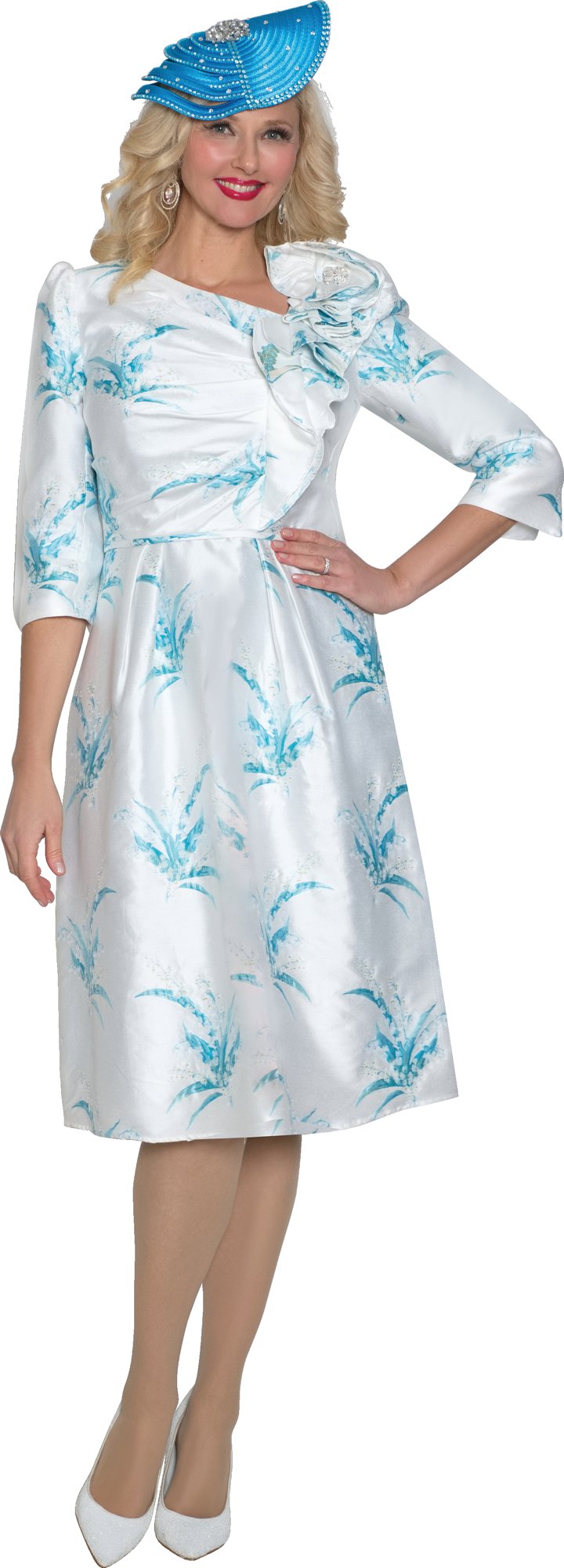 Lily & Taylor 5032 Light Brocade Dress w/ Rhinestone Flower Brooch