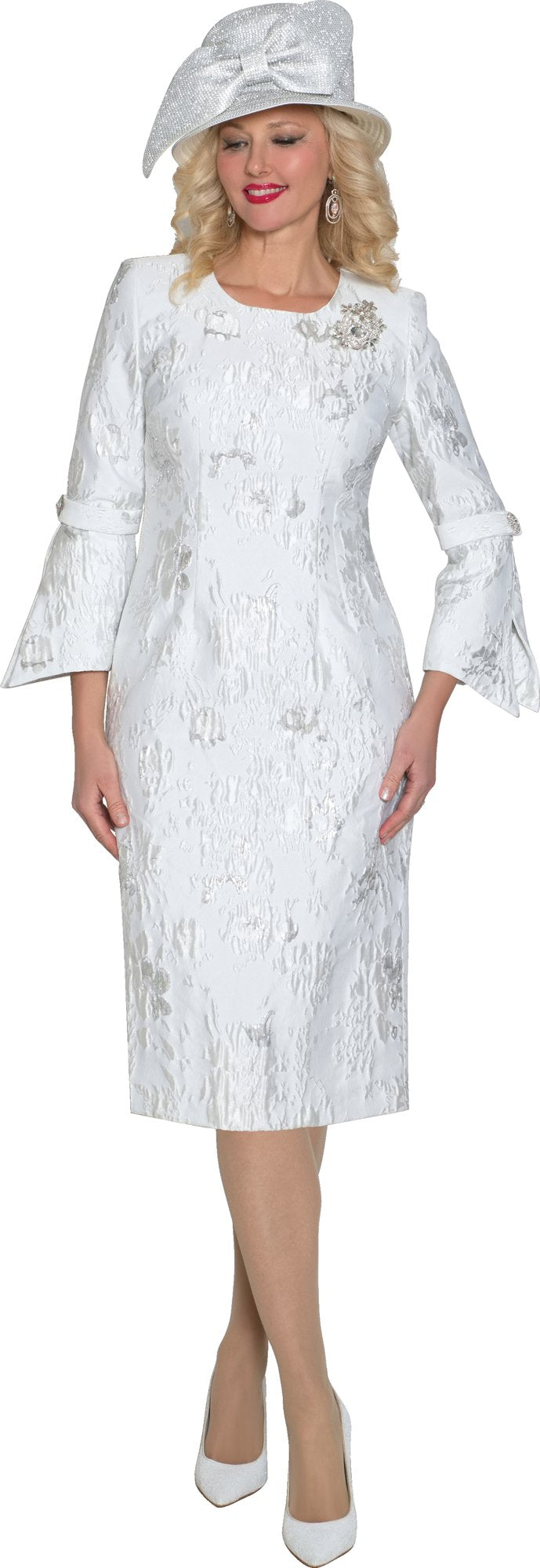 Lily & Taylor 4872 Light Jacquard Dress w/ Split Bell Sleeve & w/ Rhinestone Brooch