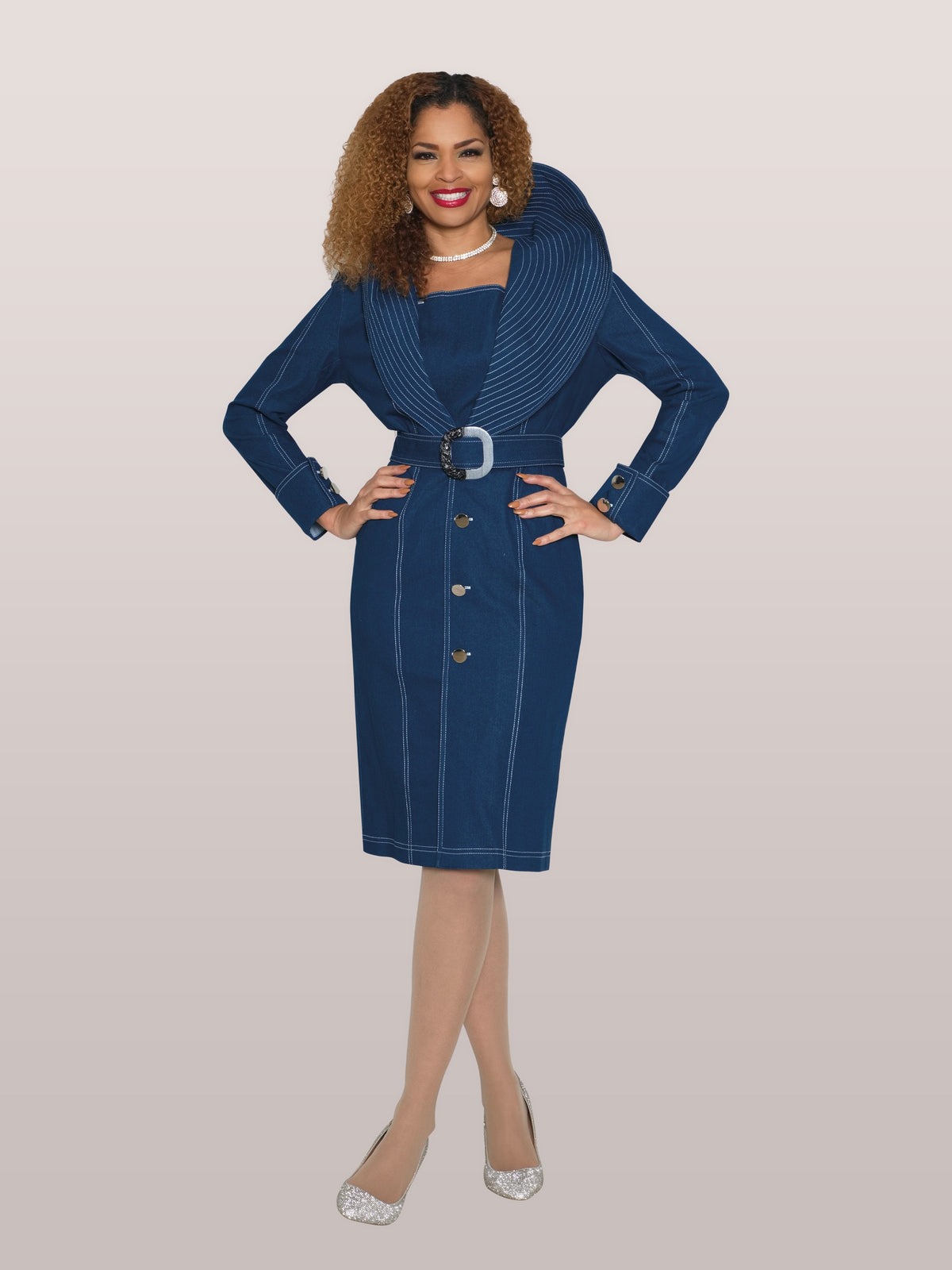 Stretch Denim Dress w/ Contrast Stitch On The Collar & Removeable Belt