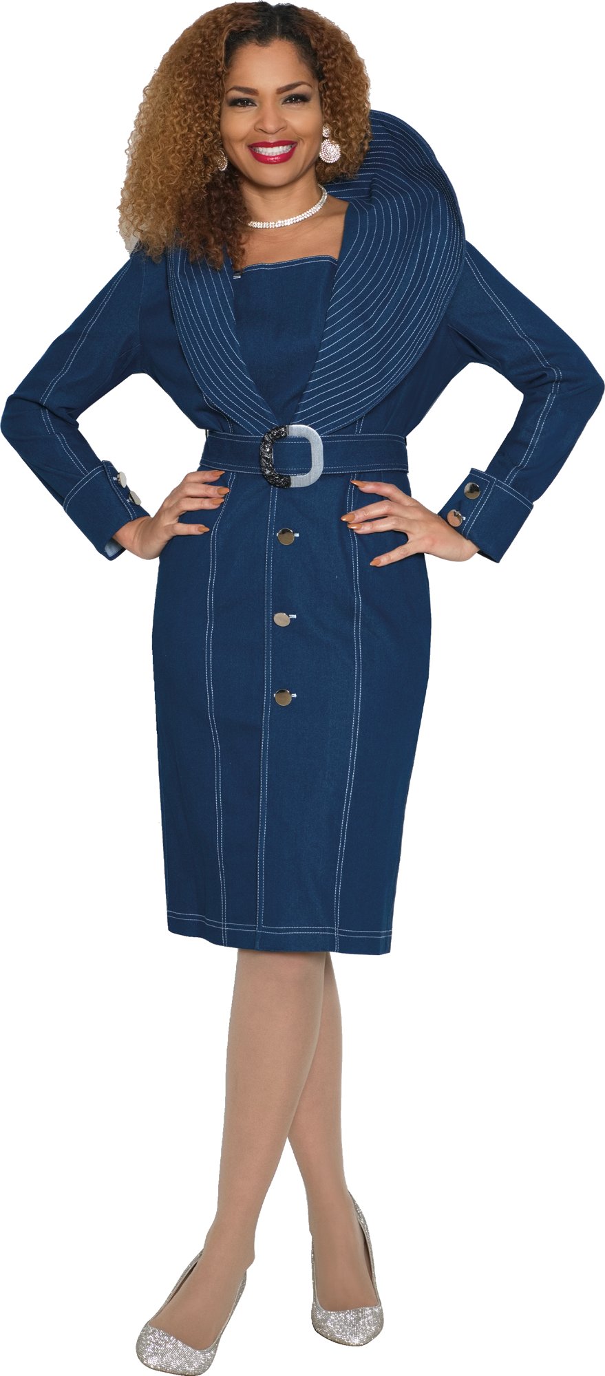 Lily & Taylor 4988 Stretch Denim Dress w/ Contrast Stitch On The Collar & Removeable Belt