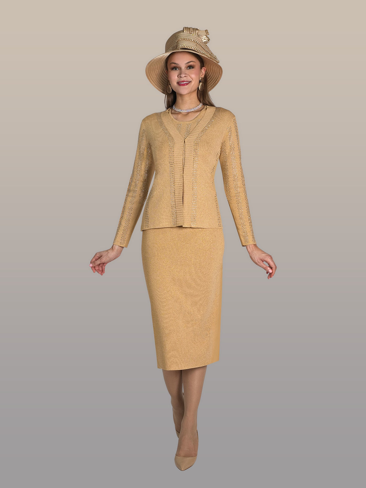 3-Piece Fine Skirt Suit w/ Rhinestone Trimmed Jacket