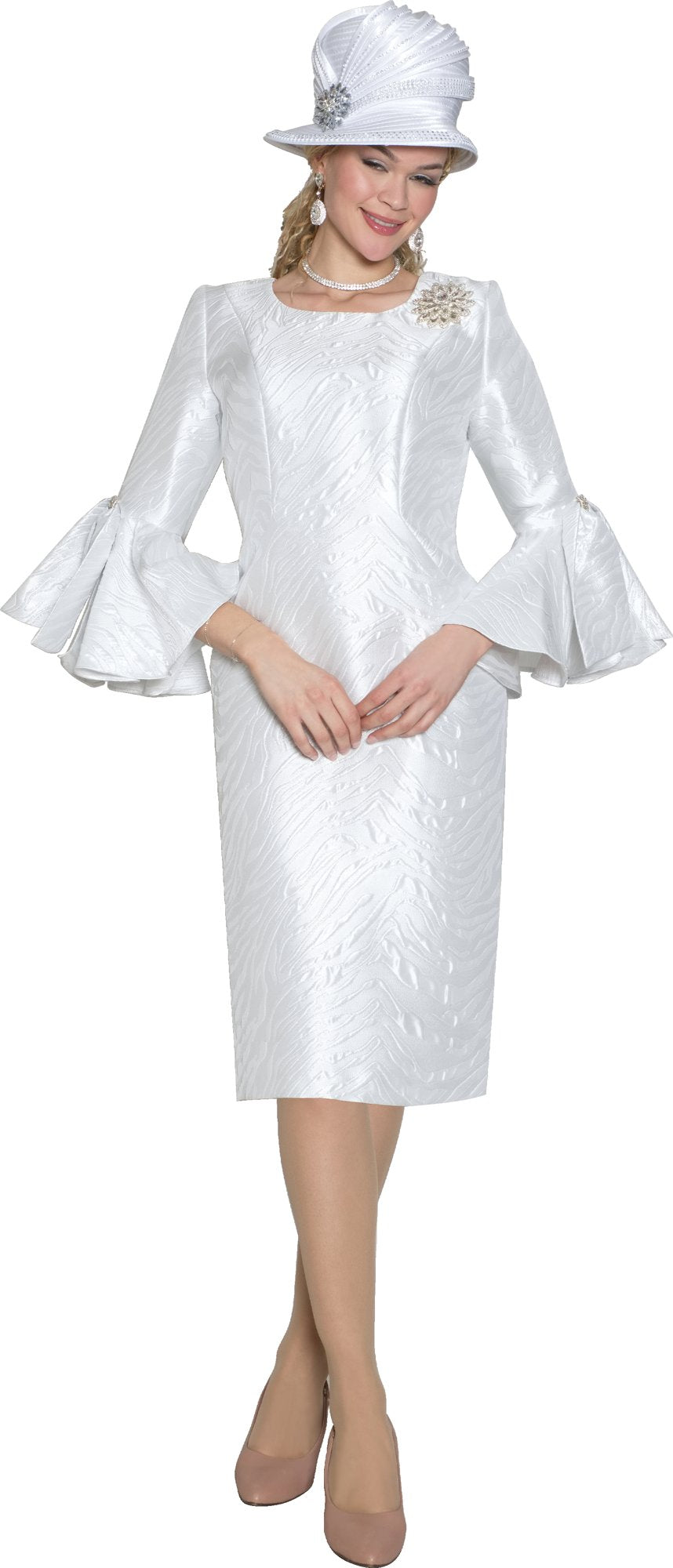 Lily & Taylor 4858 Light Jacquard Dress w/ Ruffle Sleeves & Rhinestone Brooch