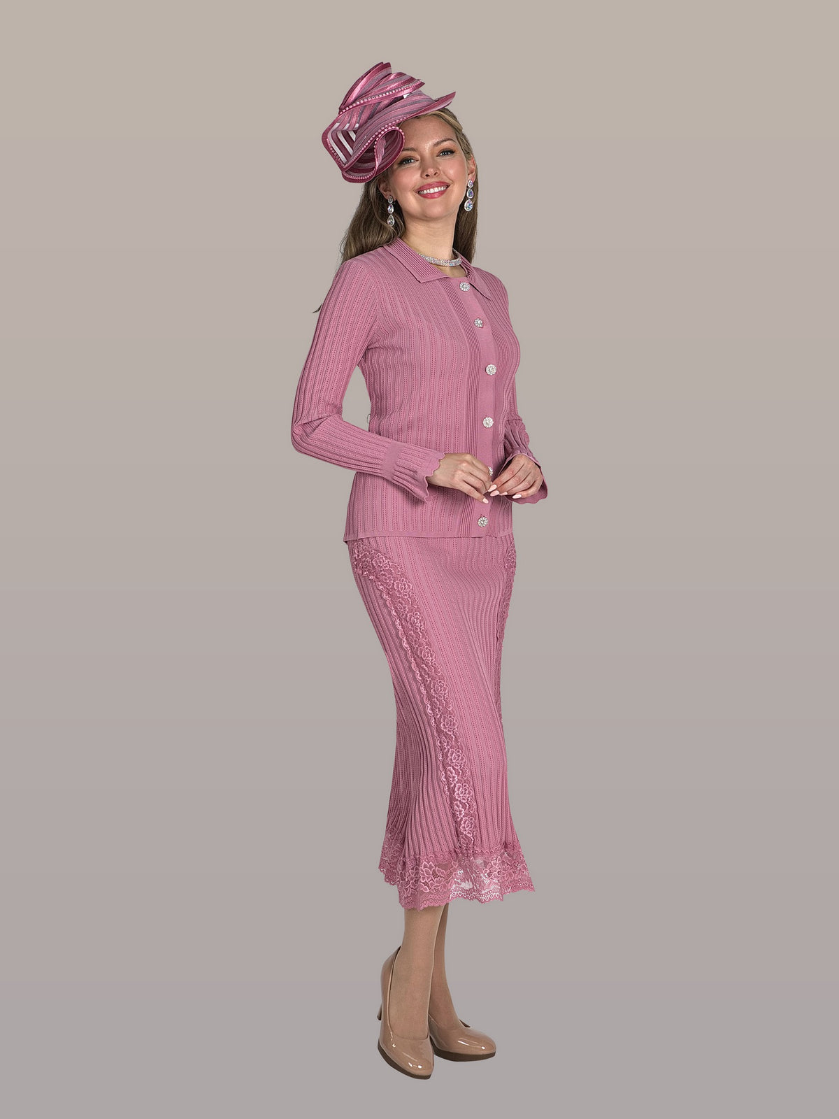 3-Piece Fine Knit Skirt Suit w/ Fringe Trimmed Jacket and Rhinestone Buttons
