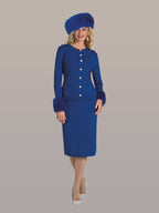 3-Piece Fine Knit Skirt Suit w/ Faux Fur Cuffs w/ Rhinestone Buttons