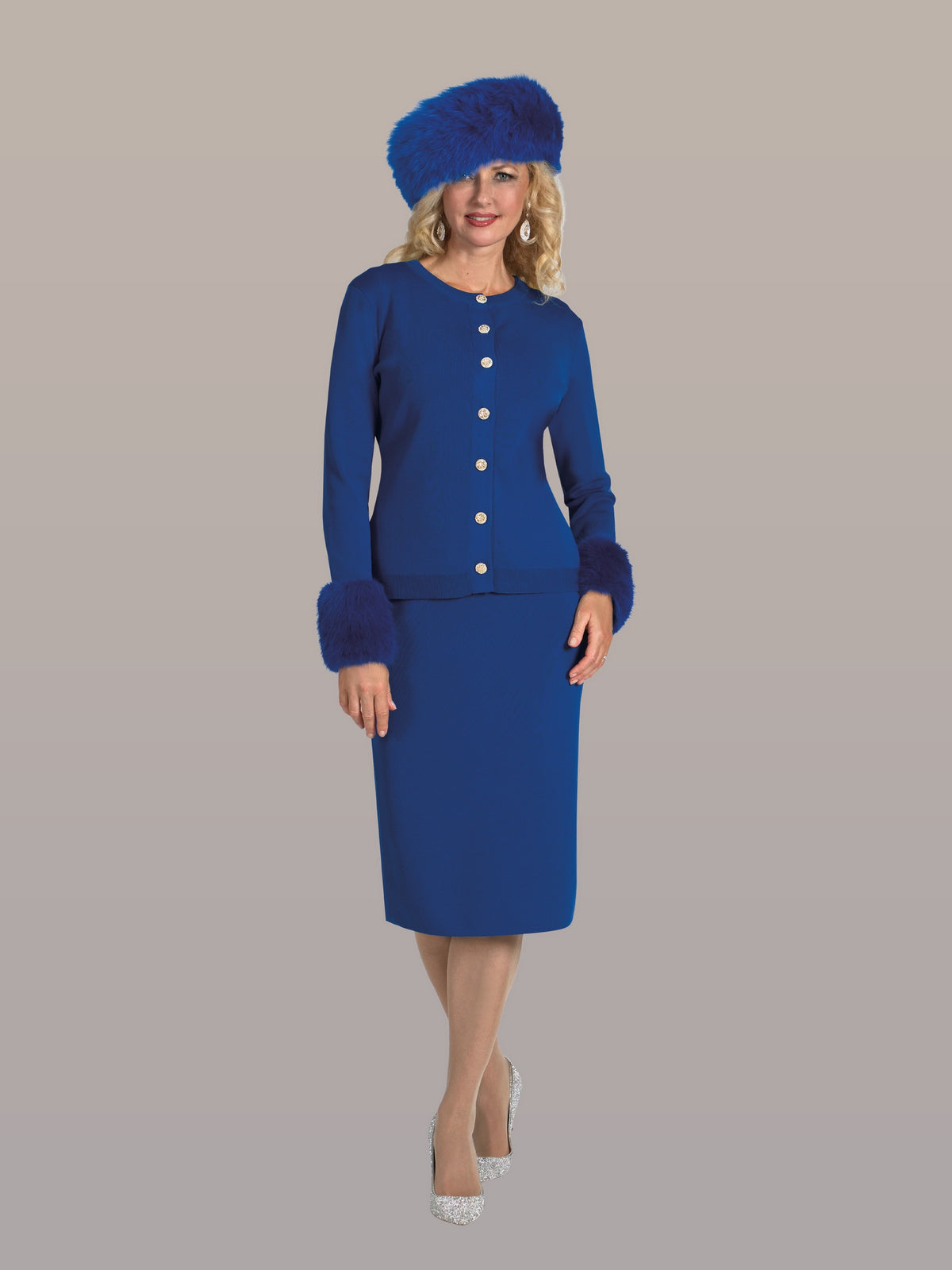 3-Piece Fine Knit Skirt Suit w/ Faux Fur Cuffs w/ Rhinestone Buttons