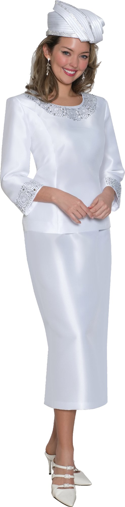Lily & Taylor 3219 2-Piece Silky Twill Skirt Suit w/ Rhinestone Neckline & Sleeves