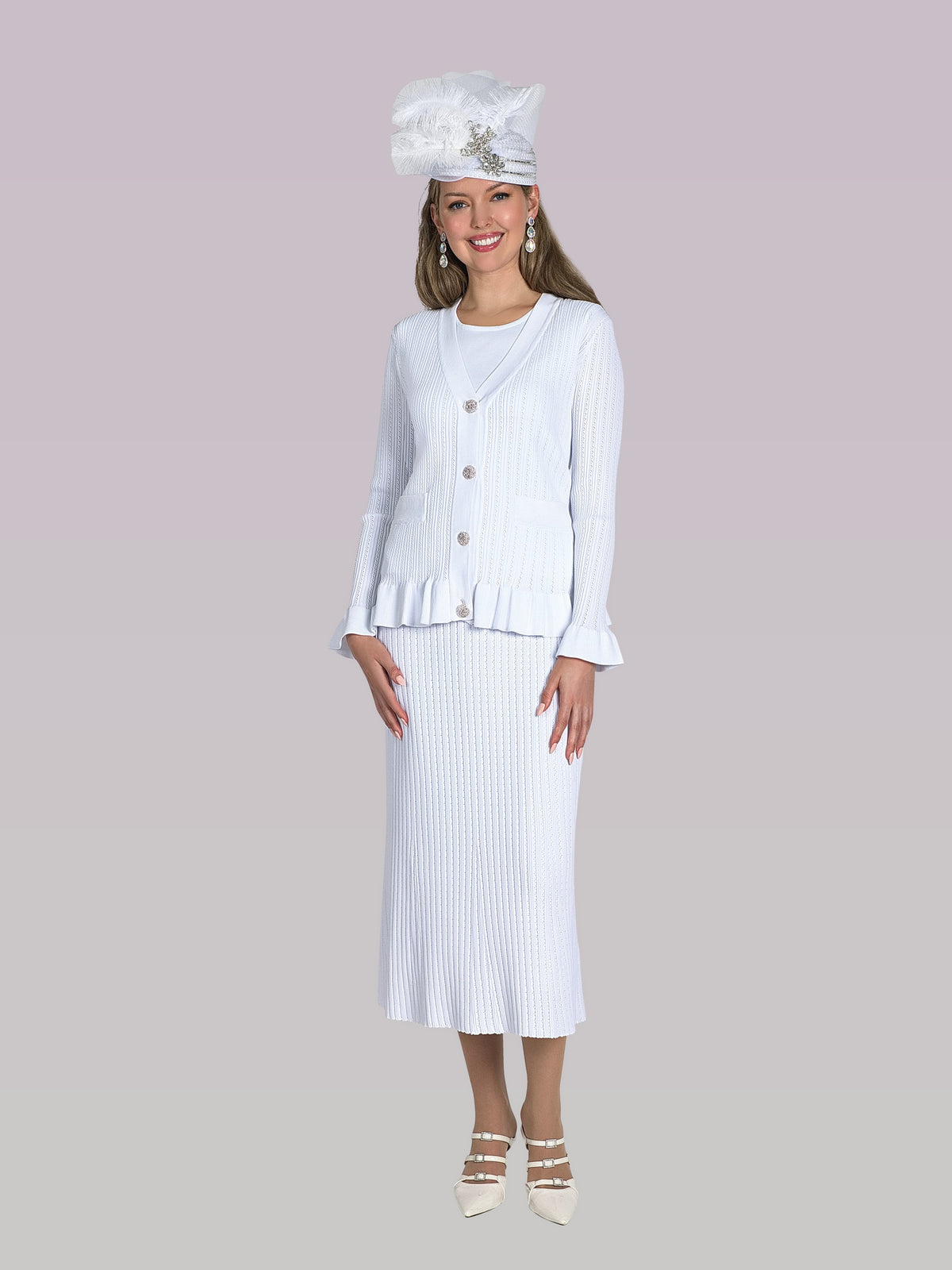 3-Piece Fine Knit Skirt Suit w/ Flattering Sleeves and Skirt