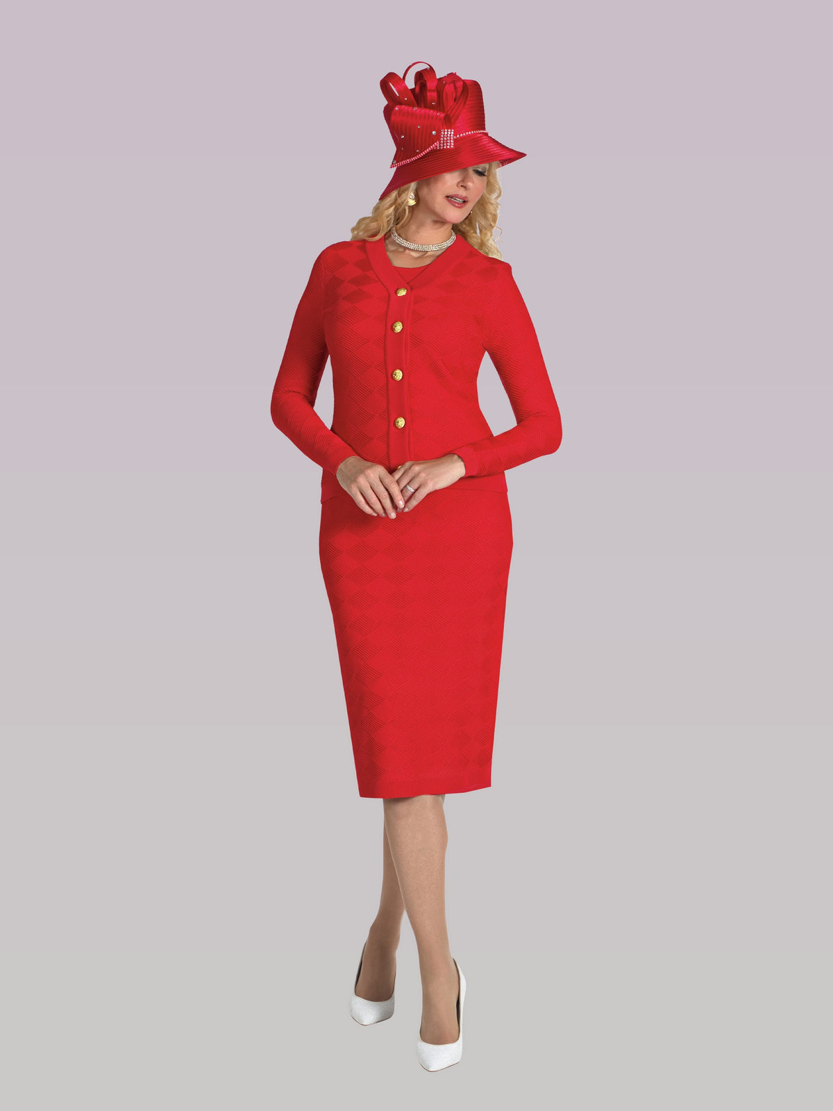 3-Piece Fine Knit Skirt Suit w/ Rhinestone Buttons