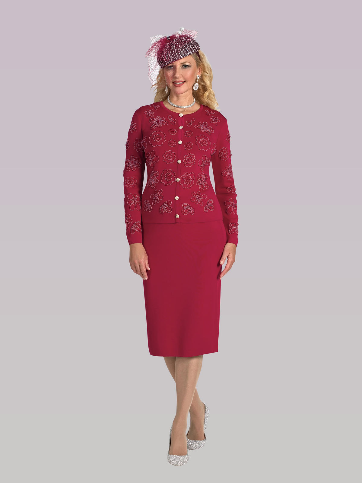 3-Piece Fine Knit Skirt Suit w/ Pearl Embroidery Trimmed Cardigan