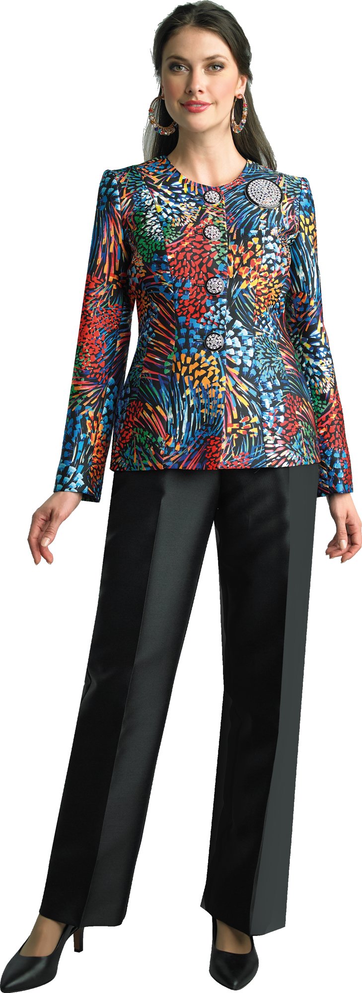 Lily & Taylor 4820 2-Piece Silky Twill Pant Suit w/ Rhinestone Buttons and Brooch