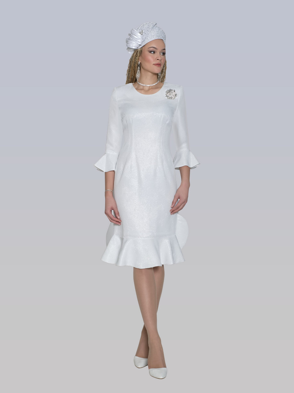 Light Brocade Dress w/ Rhinestone Brooch