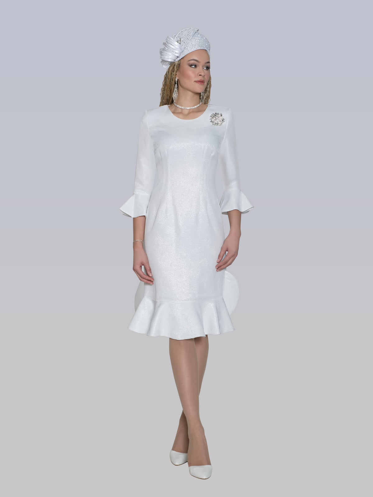 Light Brocade Dress w/ Rhinestone Brooch