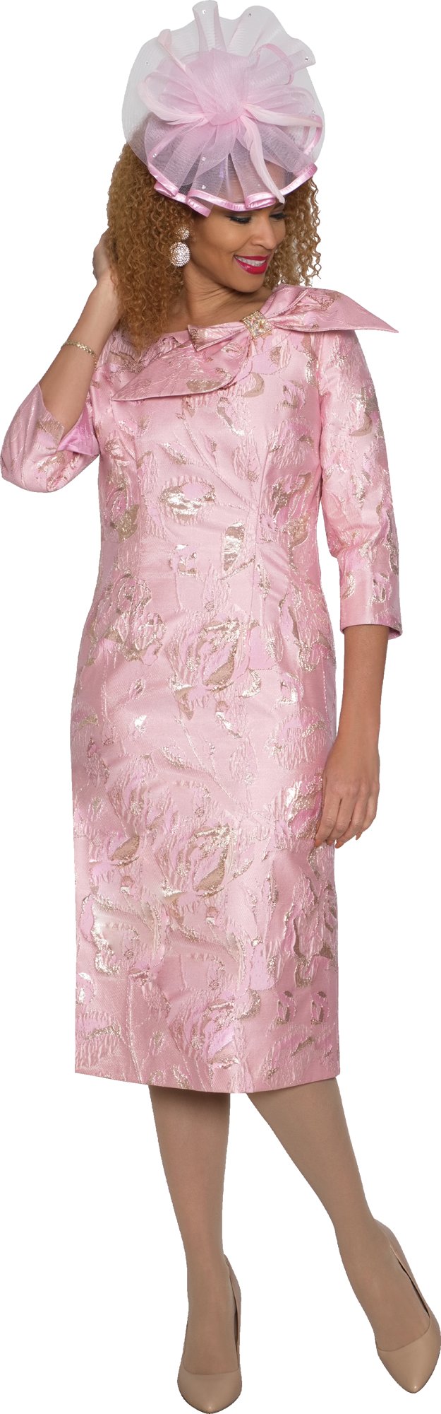 Lily & Taylor 4962 Light Jacquard Dress w/ Bow On Shoulder w/ Rhinestone Buckle On Bow