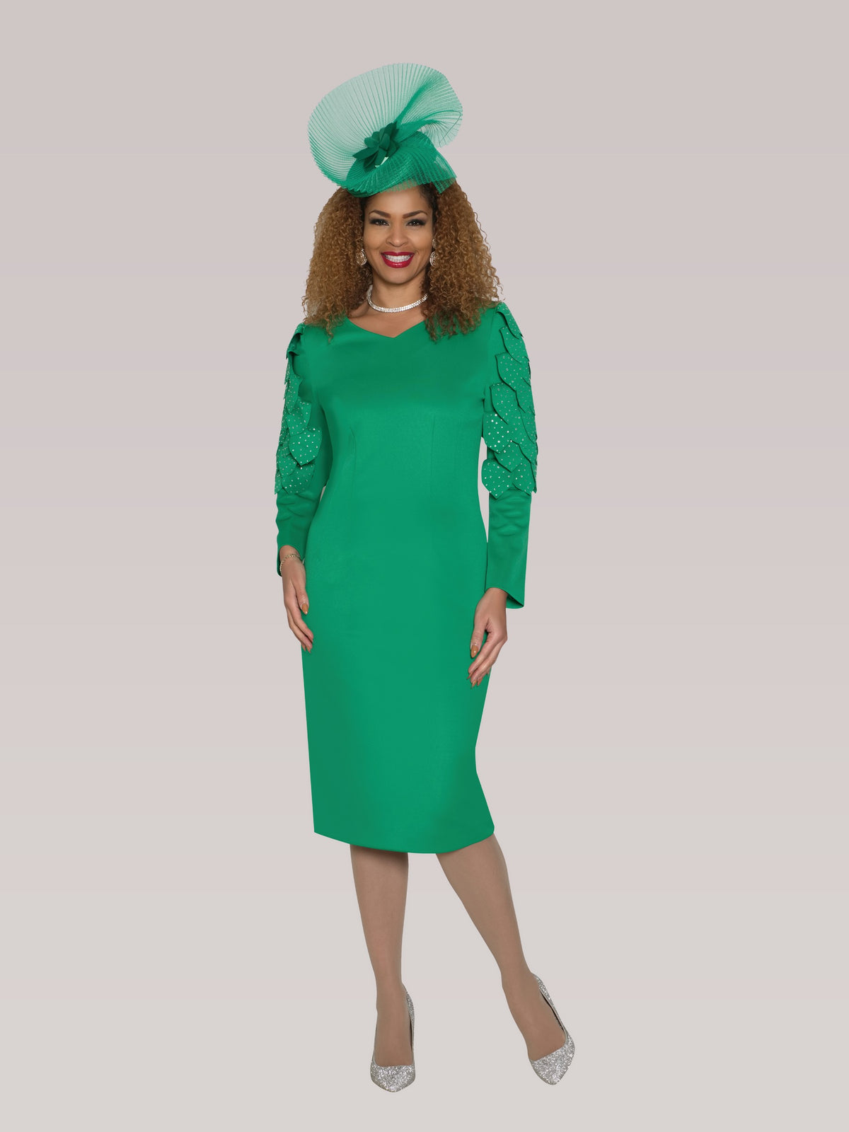 Ponte Knit Dress w/ Rhinestone Leaf Petal Shoulder