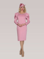 Ponte Knit Dress w/ Ruffle Shoulder w/ Rhinestone Trim Neckline