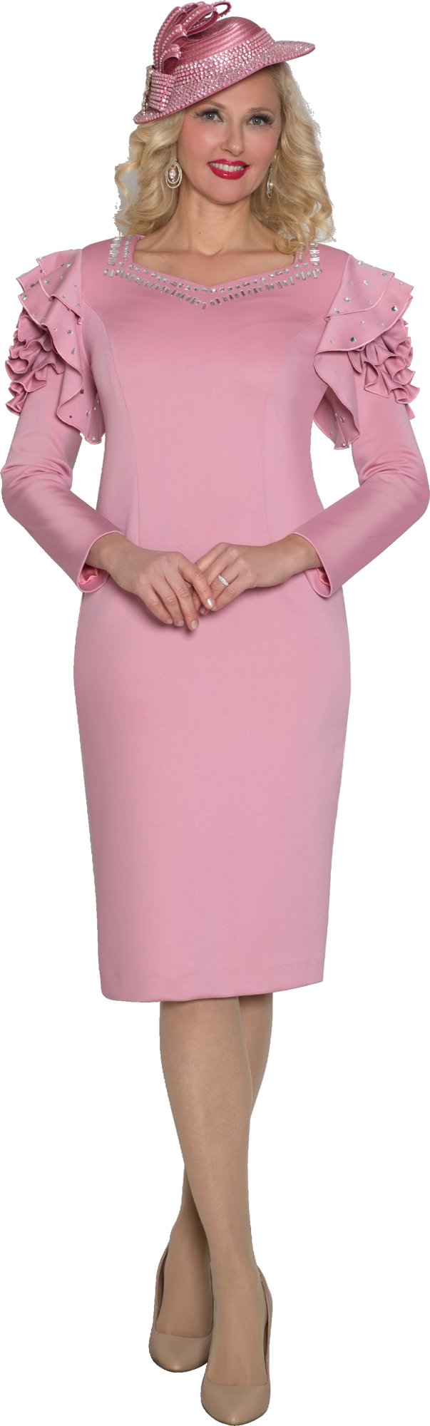 Lily & Taylor 4903 Ponte Knit Dress w/ Ruffle Shoulder w/ Rhinestone Trim Neckline