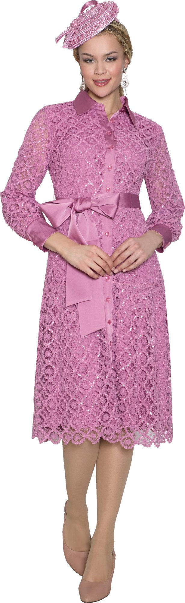 Lily & Taylor 4859 Light Jacquard Dress w/ Bow On Shoulder & w/ Rhinestone Brooch
