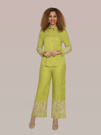 2-Piece Embroidery Pant Suit w/ Cuff Sleeves