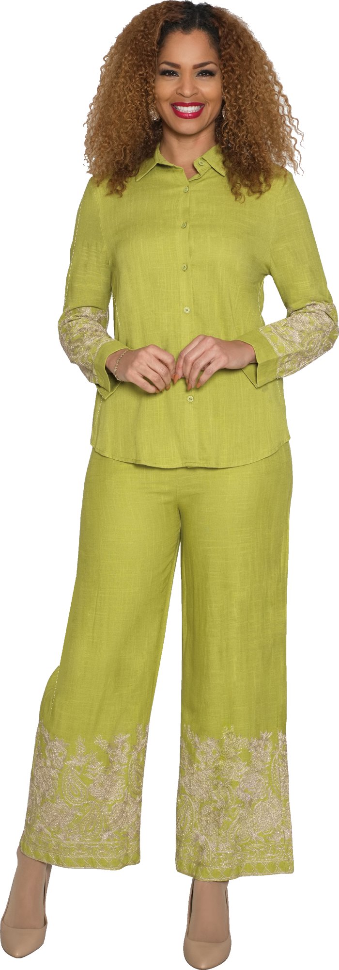 Lily & Taylor 5052 2-Piece Embroidery Pant Suit w/ Cuff Sleeves
