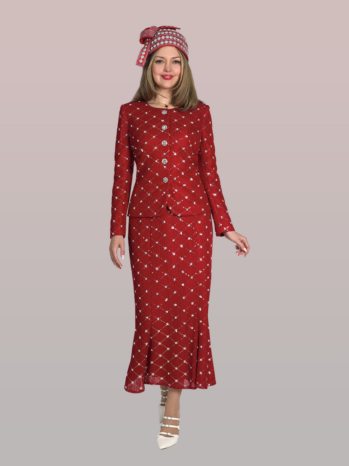 2-Piece Fine Couture Beaded Lace Skirt Suit w/ Rhinestone Buttons