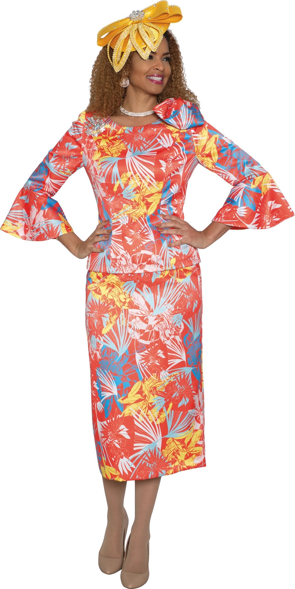 Lily & Taylor 4010 2-Piece Fine Poly Skirt Suit w/ Bow On Shoulder w/ Rhinestone Brooch