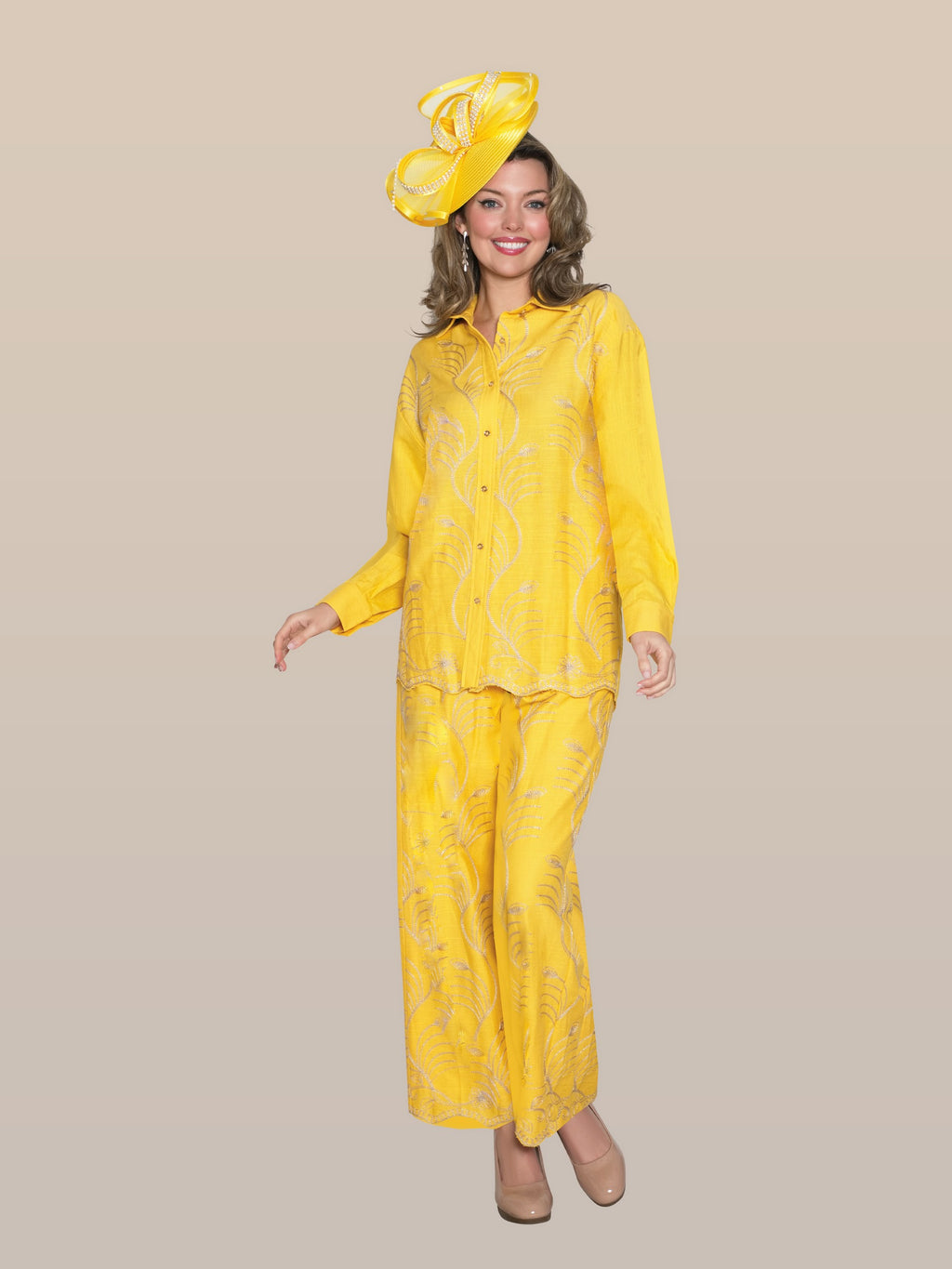 2-Piece Embroidery Pant Suit w/ Cuff Sleeves