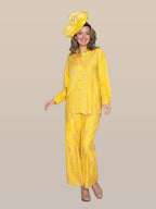 2-Piece Embroidery Pant Suit w/ Cuff Sleeves