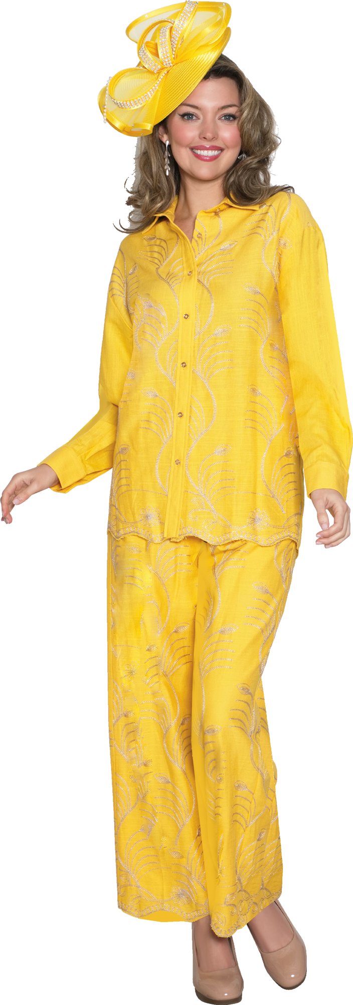 Lily & Taylor 5051 2-Piece Embroidery Pant Suit w/ Cuff Sleeves